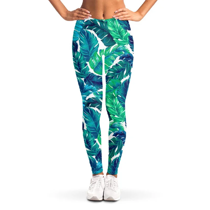 Discount Mania Teal Tropical Leaf Pattern Print Women's Leggings