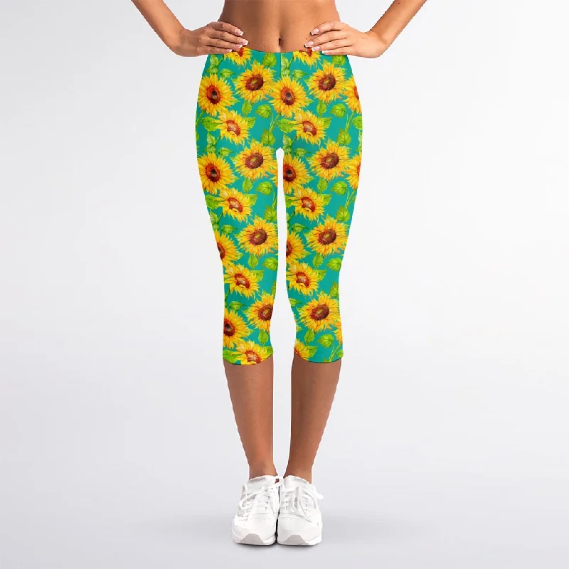 Unbeatable Prices Teal Watercolor Sunflower Pattern Print Women's Capri Leggings