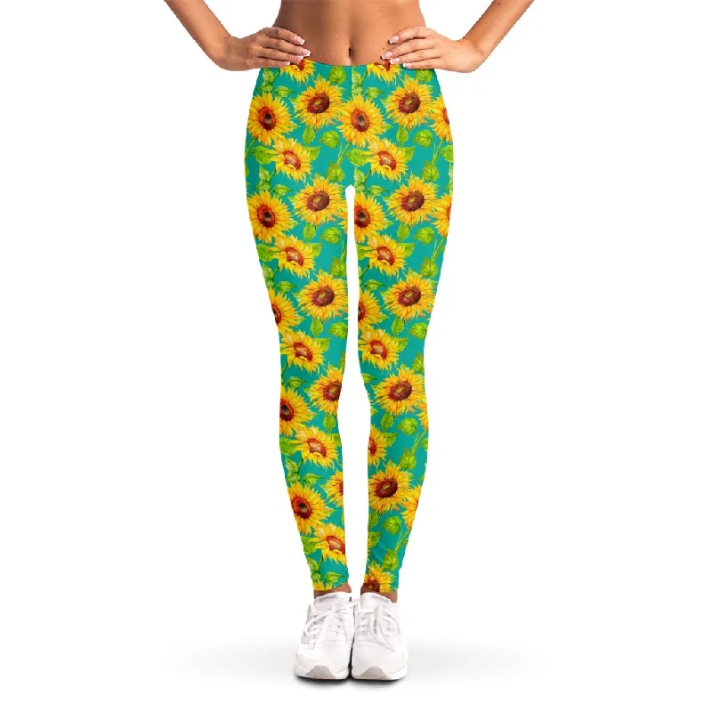 Buy More, Save More Teal Watercolor Sunflower Pattern Print Women's Leggings