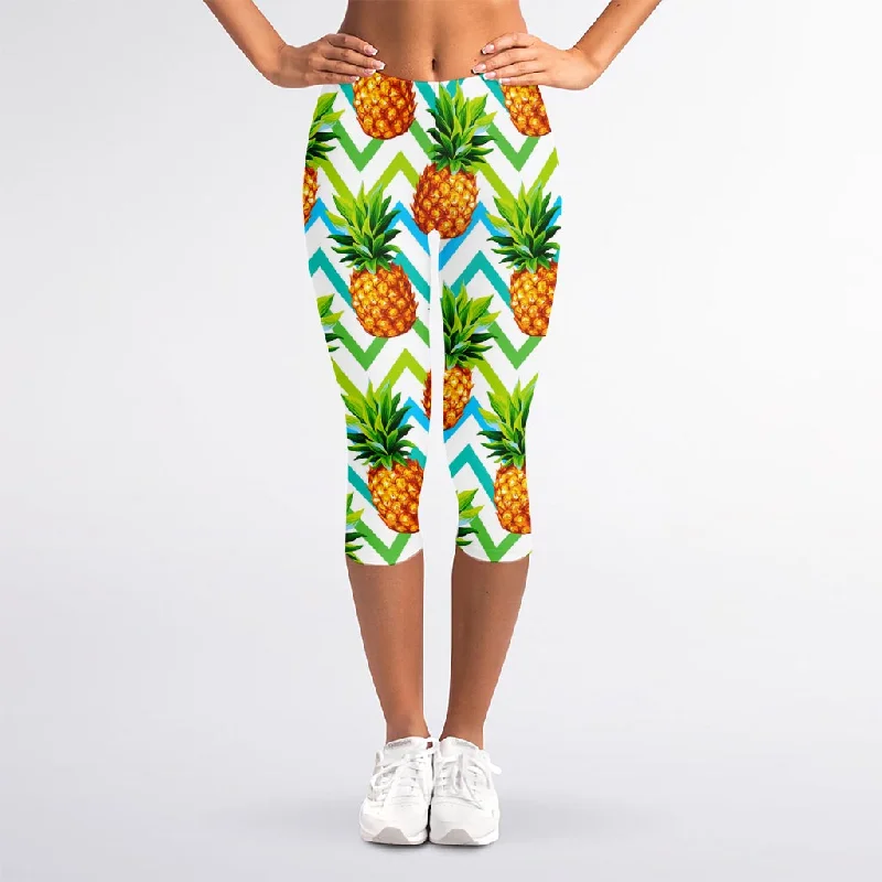 The Best Prices Teal Zig Zag Pineapple Pattern Print Women's Capri Leggings