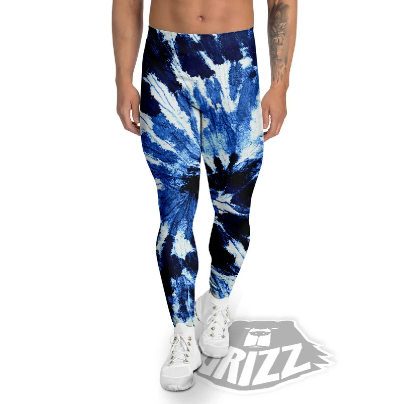 Tie Dye Black And Blue Print Men's Leggings