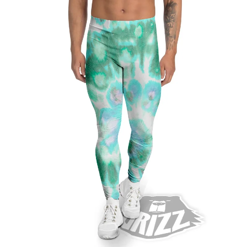 Tie Dye Blue Green And White Print Men's Leggings