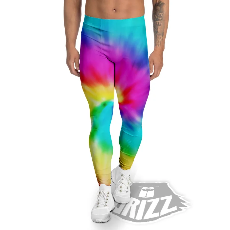 Tie Dye Blue Pink And Yellow Print Men's Leggings