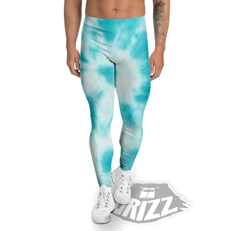 Tie Dye White And Blue Print Men's Leggings