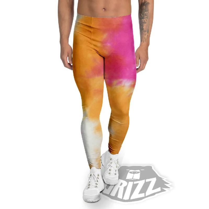 Doorbuster Deal Tie Dye Yellow And Pink Print Men's Leggings