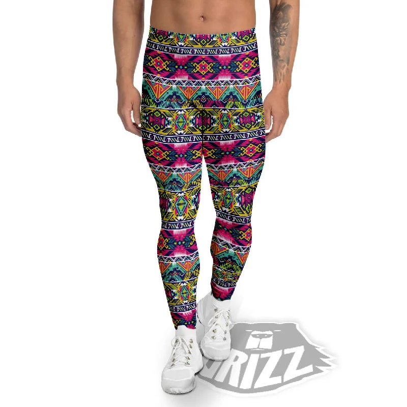 Tribal Aztec Colorful Print Pattern Men's Leggings