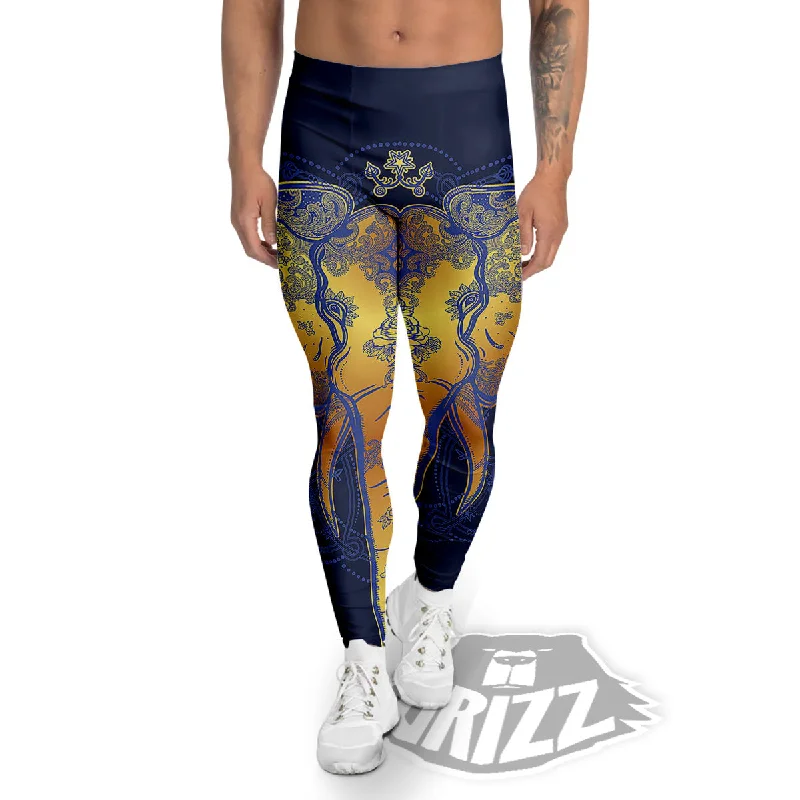 Tribal Elephant Gold And Blue Print Men's Leggings