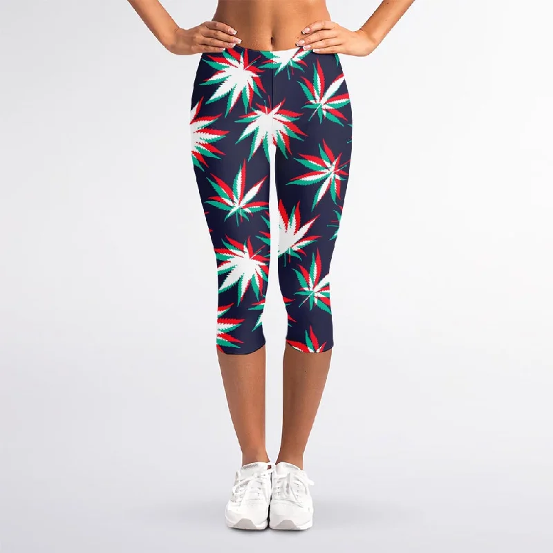 Stock Clearance Trippy Hemp Leaves Reggae Pattern Print Women's Capri Leggings