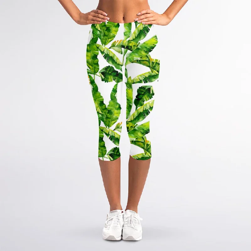 Online Only Tropical Banana Leaves Pattern Print Women's Capri Leggings