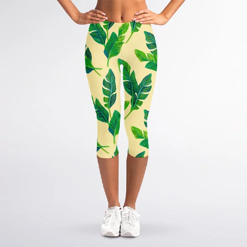 New Deals Tropical Banana Palm Leaf Pattern Print Women's Capri Leggings