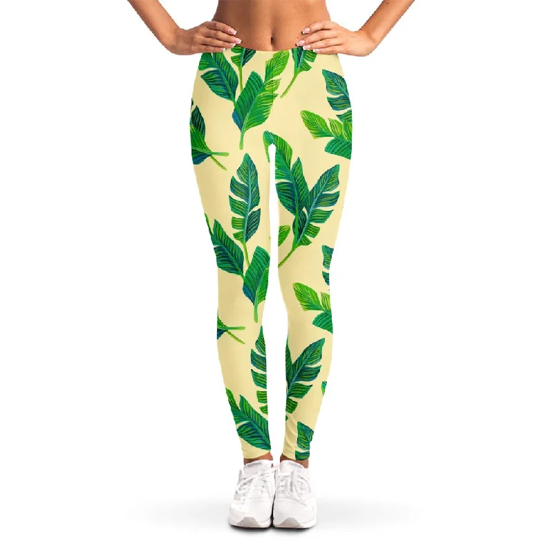 Shop and Save Tropical Banana Palm Leaf Pattern Print Women's Leggings