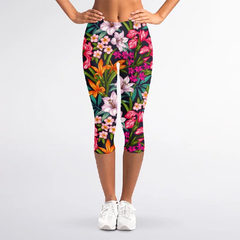 Instant Discount Tropical Flowers Pattern Print Women's Capri Leggings