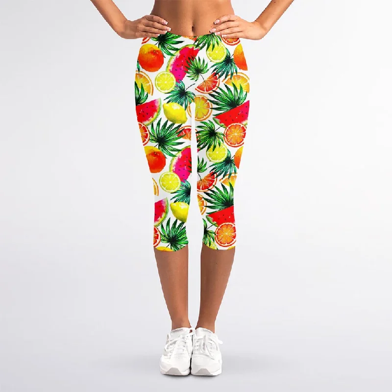 Great Deals Tropical Fruit Leaf Pattern Print Women's Capri Leggings