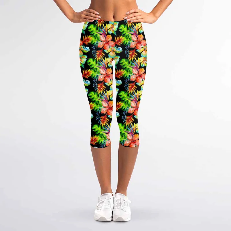 Epic Deals Tropical Hawaii Flowers Pattern Print Women's Capri Leggings