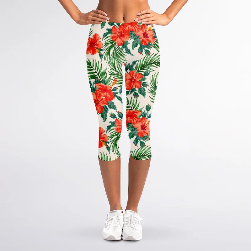 Bonus Savings Tropical Hibiscus Blossom Pattern Print Women's Capri Leggings