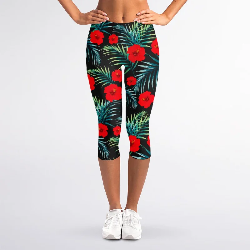 Savings Alert Tropical Hibiscus Leaves Pattern Print Women's Capri Leggings