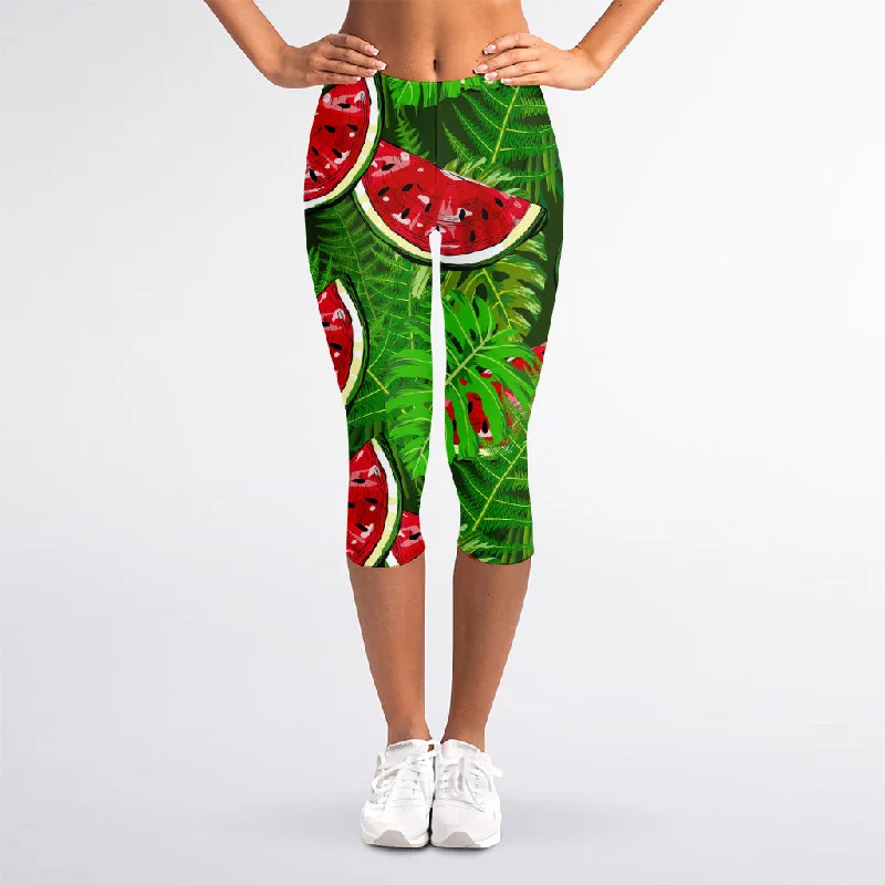Savings Event Tropical Leaf Watermelon Pattern Print Women's Capri Leggings