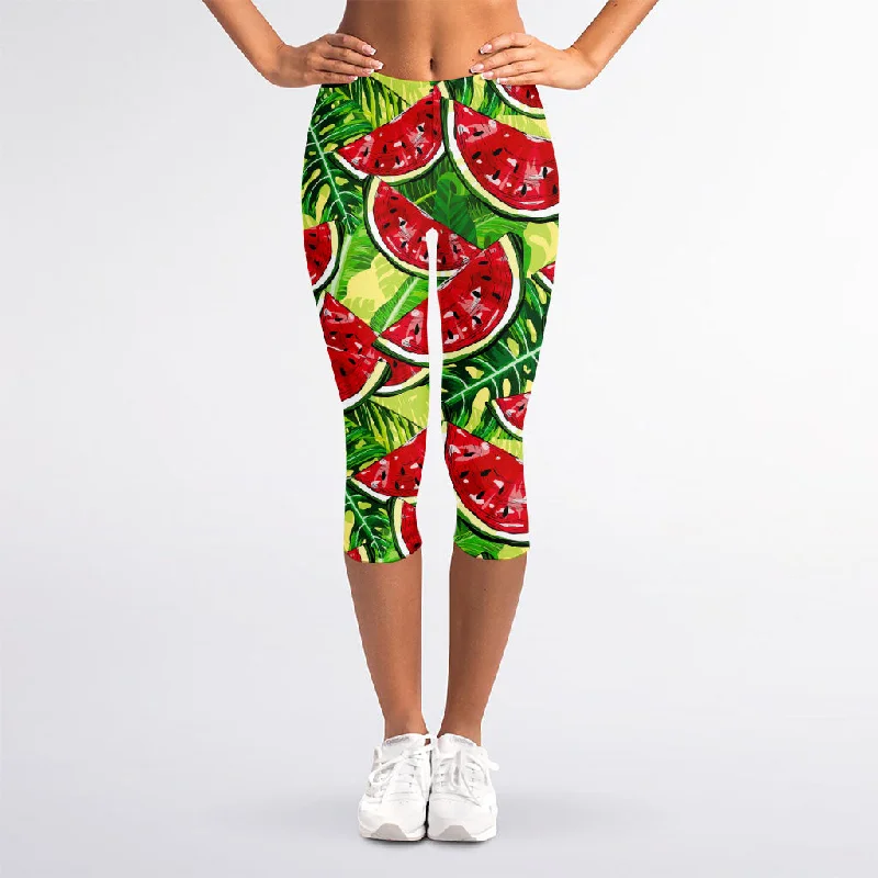 Price Break Tropical Leaves Watermelon Pattern Print Women's Capri Leggings