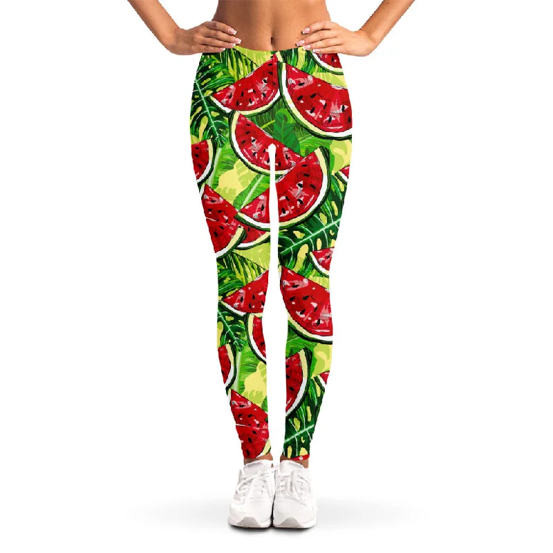 Can't Miss Tropical Leaves Watermelon Pattern Print Women's Leggings