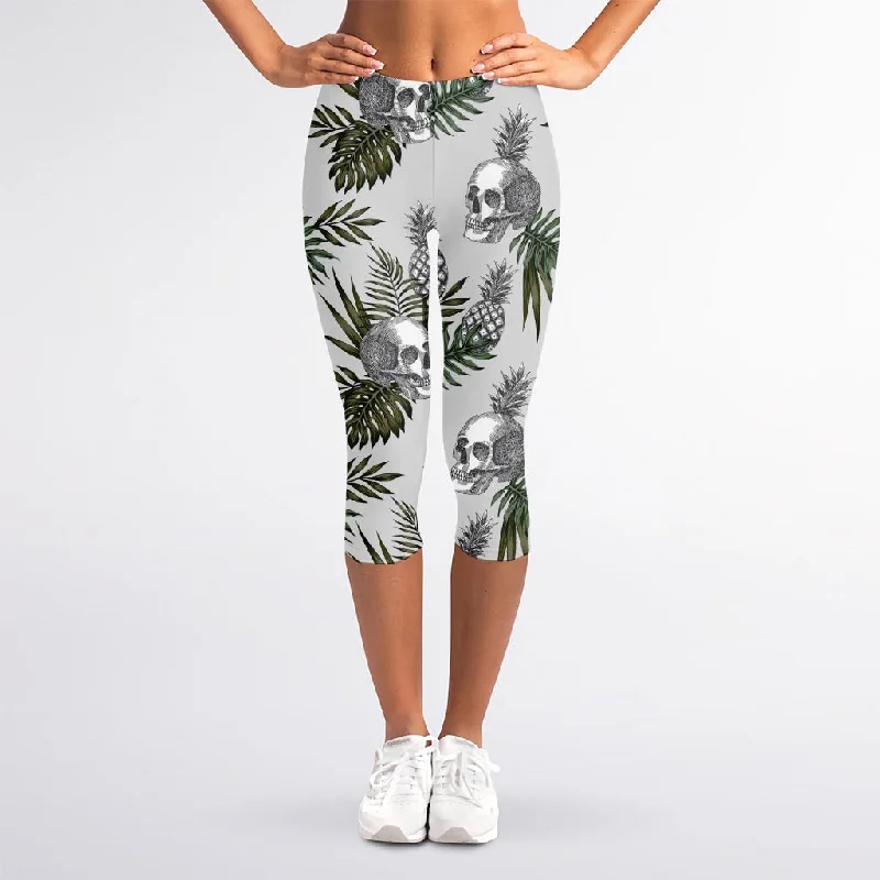 Price Buster Tropical Pineapple Skull Pattern Print Women's Capri Leggings