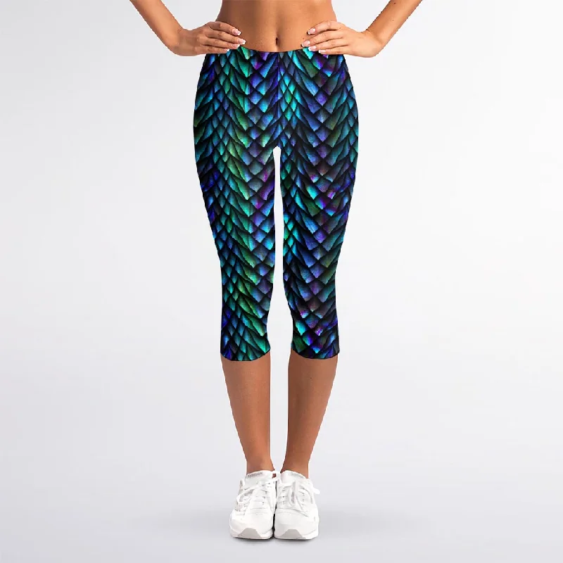 Blowout Sale Turquoise Dragon Scales Pattern Print Women's Capri Leggings