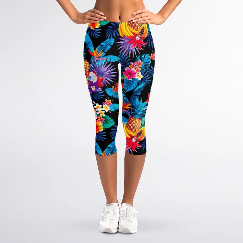 Referral Discount Turquoise Hawaiian Fruits Pattern Print Women's Capri Leggings