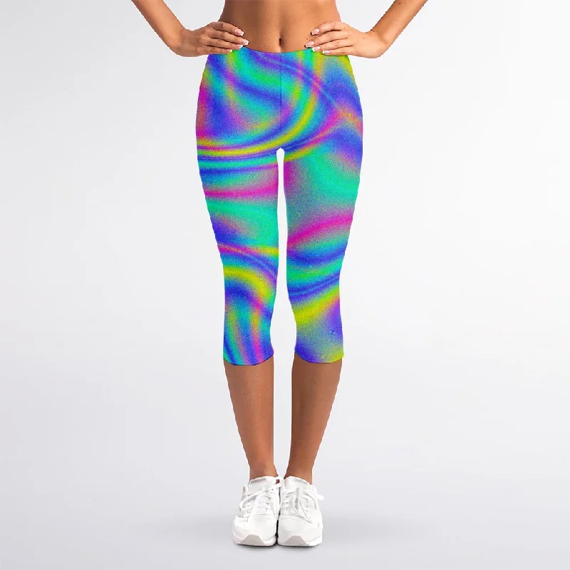 Grand Opening Sale Turquoise Holographic Trippy Print Women's Capri Leggings