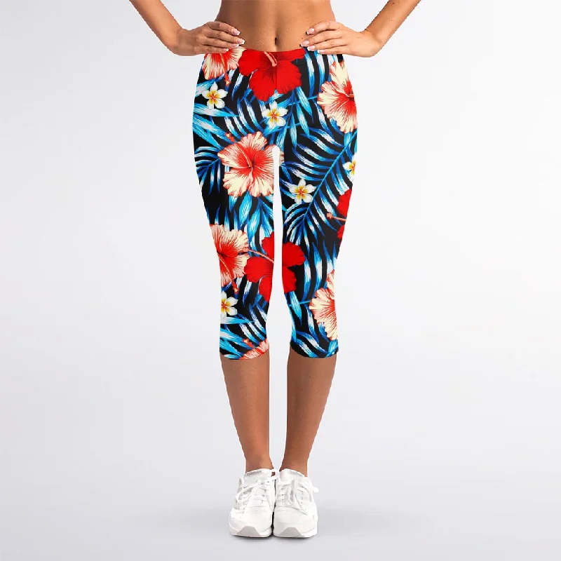 Midnight Sale Turquoise Leaves Hibiscus Pattern Print Women's Capri Leggings