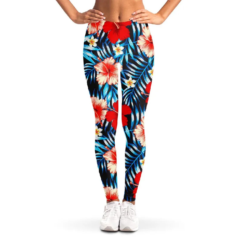 Warehouse Sale Turquoise Leaves Hibiscus Pattern Print Women's Leggings