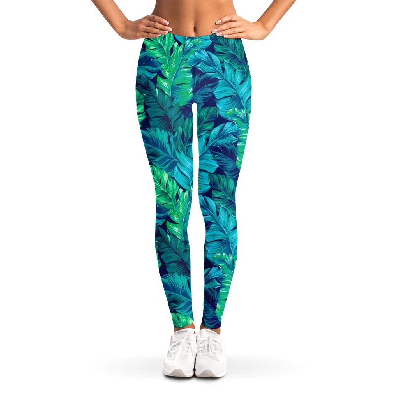 Markdown Madness Turquoise Tropical Leaf Pattern Print Women's Leggings