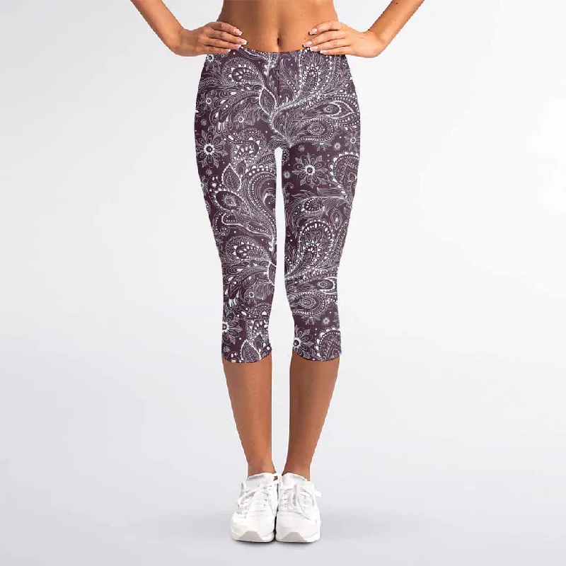 Clearance Event Umber Floral Bohemian Pattern Print Women's Capri Leggings