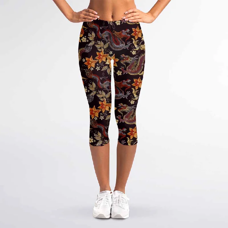 Exclusive Deal Vintage Dragon Flower Pattern Print Women's Capri Leggings