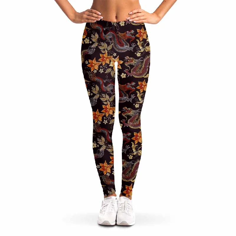Clearance Event Vintage Dragon Flower Pattern Print Women's Leggings