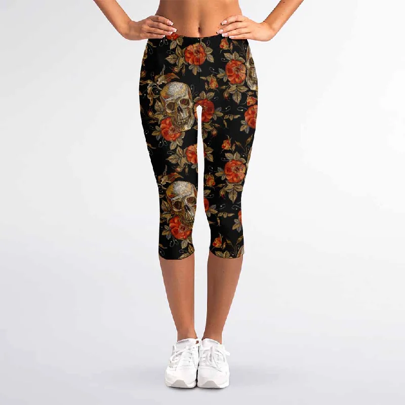 Value Deals Vintage Floral Skull Pattern Print Women's Capri Leggings