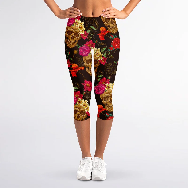 Today’s Deal Vintage Flowers Skull Pattern Print Women's Capri Leggings