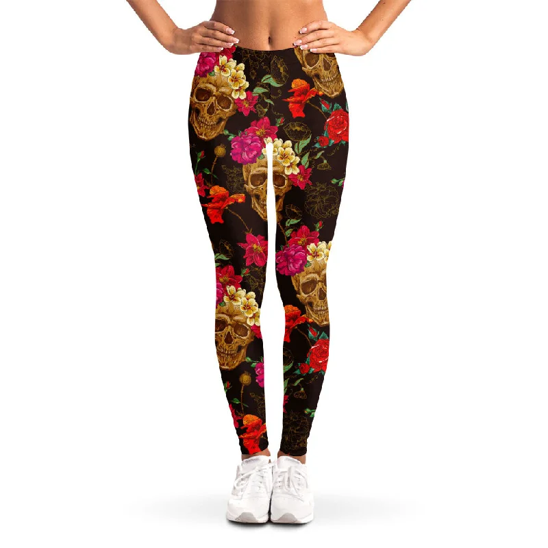 Exclusive Online Offer Vintage Flowers Skull Pattern Print Women's Leggings