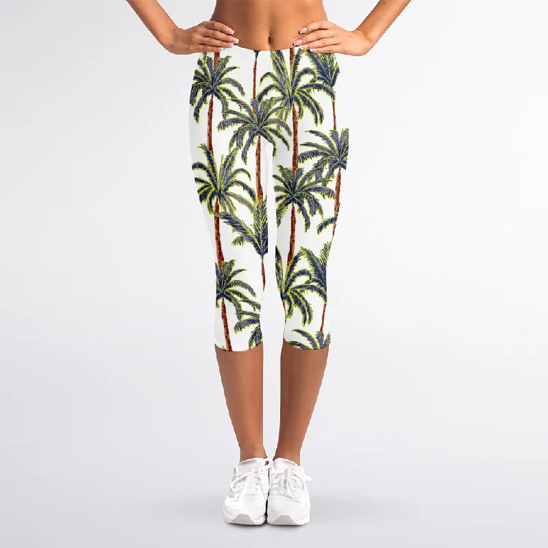 Shop and Save Vintage Palm Tree Beach Pattern Print Women's Capri Leggings