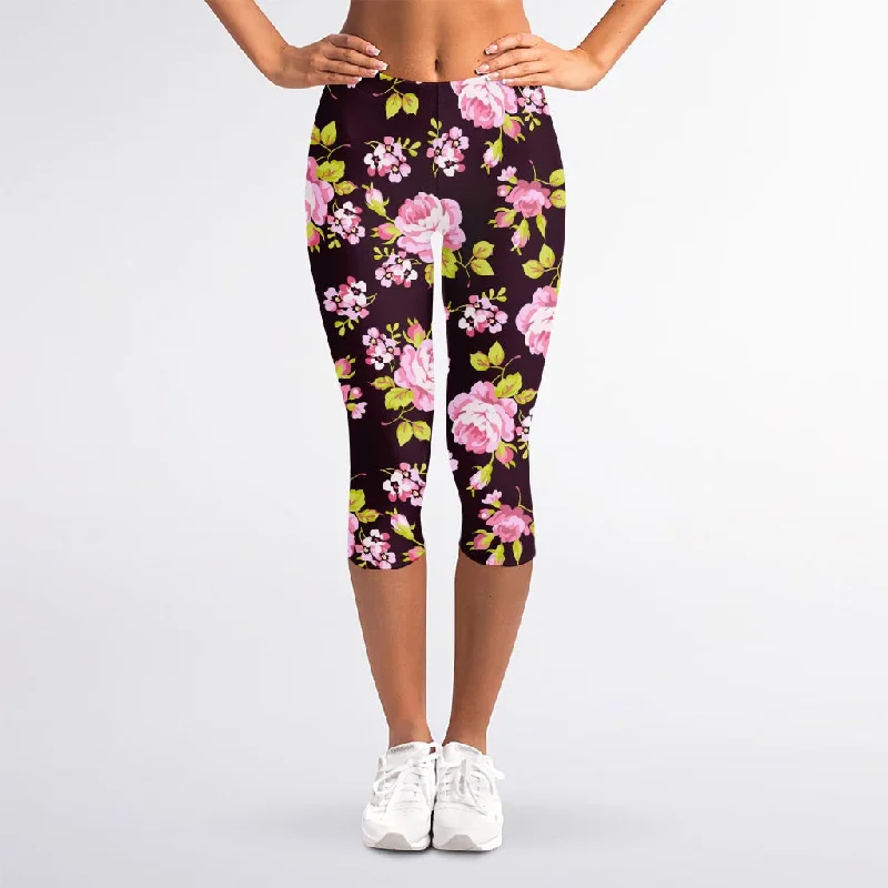 Price Reduction Vintage Pink Rose Floral Pattern Print Women's Capri Leggings