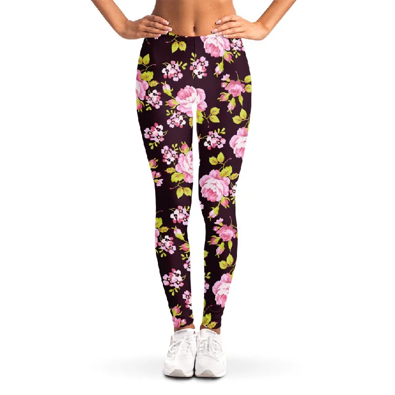 Value Deals Vintage Pink Rose Floral Pattern Print Women's Leggings