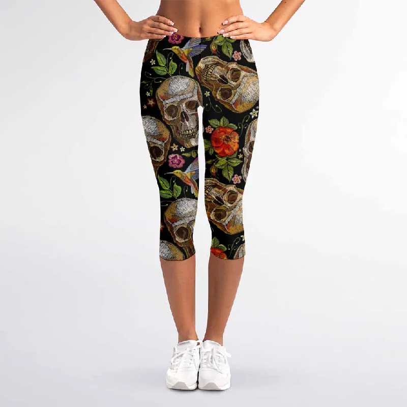 Midnight Madness Vintage Skull Pattern Print Women's Capri Leggings
