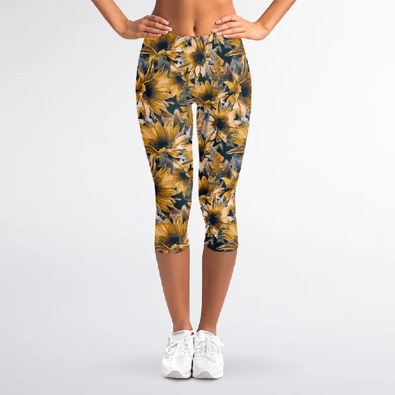 Major Savings Vintage Sunflower Pattern Print Women's Capri Leggings