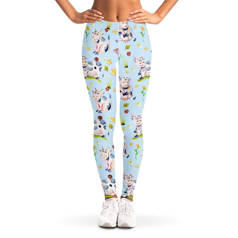 Savings Spectacular Watercolor Cartoon Cow Pattern Print Women's Leggings