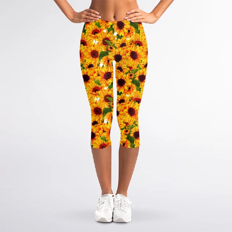 Extra Savings Watercolor Sunflower Pattern Print Women's Capri Leggings
