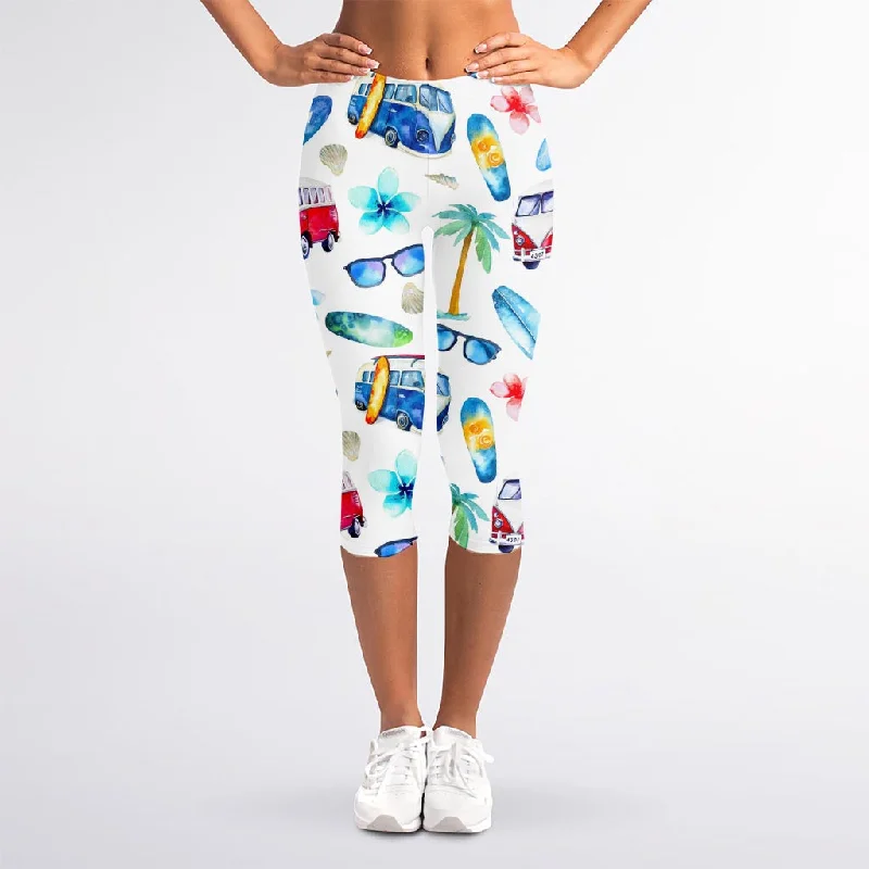 Early Access Watercolor Surfing Pattern Print Women's Capri Leggings