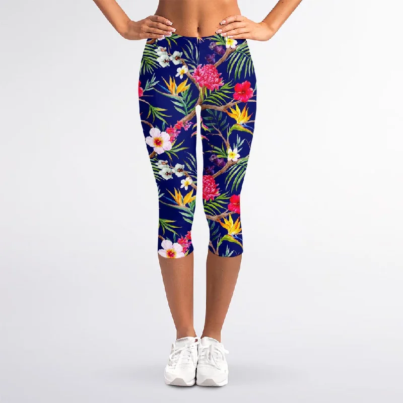Deep Discounts Watercolor Tropical Flower Pattern Print Women's Capri Leggings