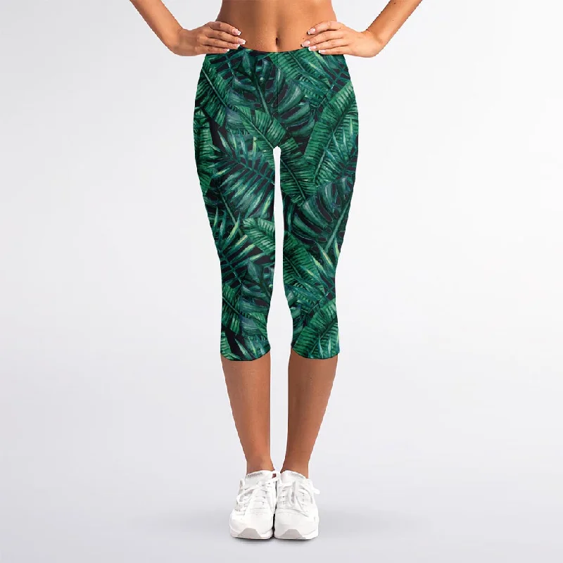 Crazy Deals Watercolor Tropical Leaf Pattern Print Women's Capri Leggings