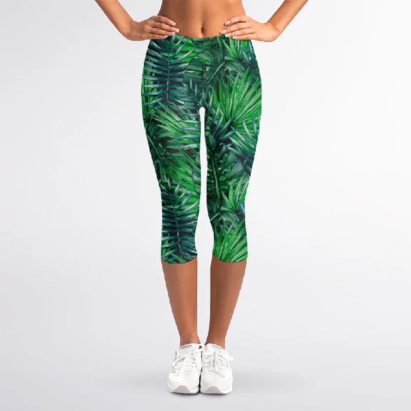 Buy Now Watercolor Tropical Leaves Pattern Print Women's Capri Leggings