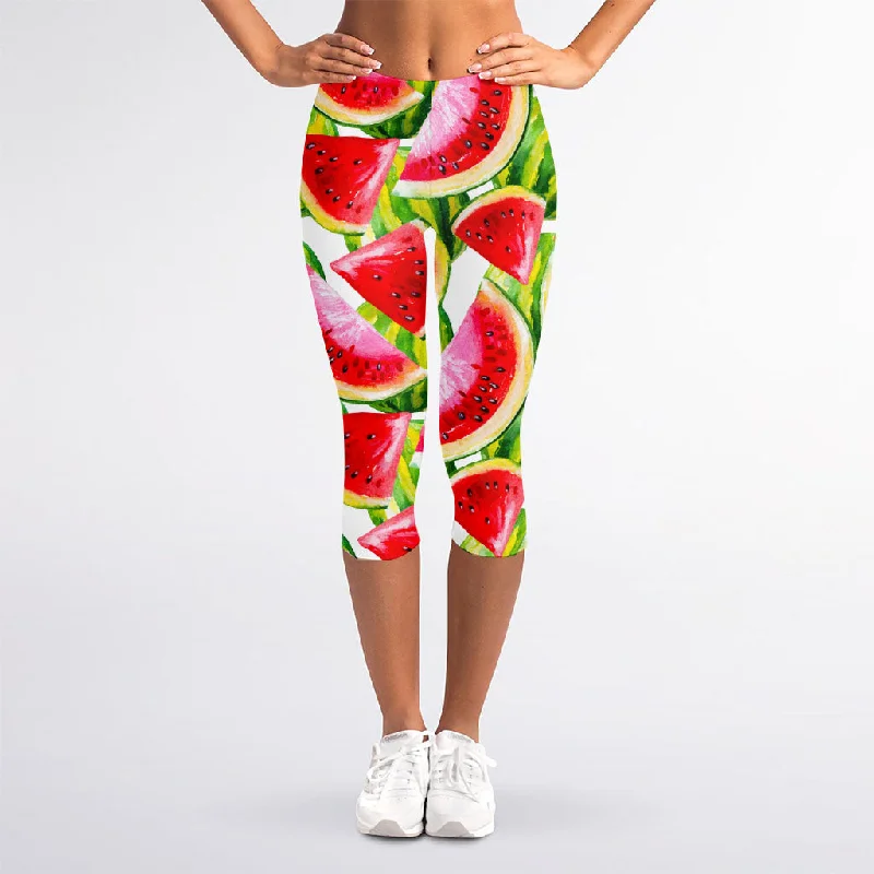 Best Bargains Watercolor Watermelon Pattern Print Women's Capri Leggings