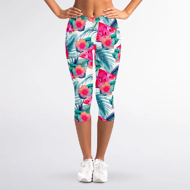 Amazing Deals Watermelon Teal Hawaiian Pattern Print Women's Capri Leggings