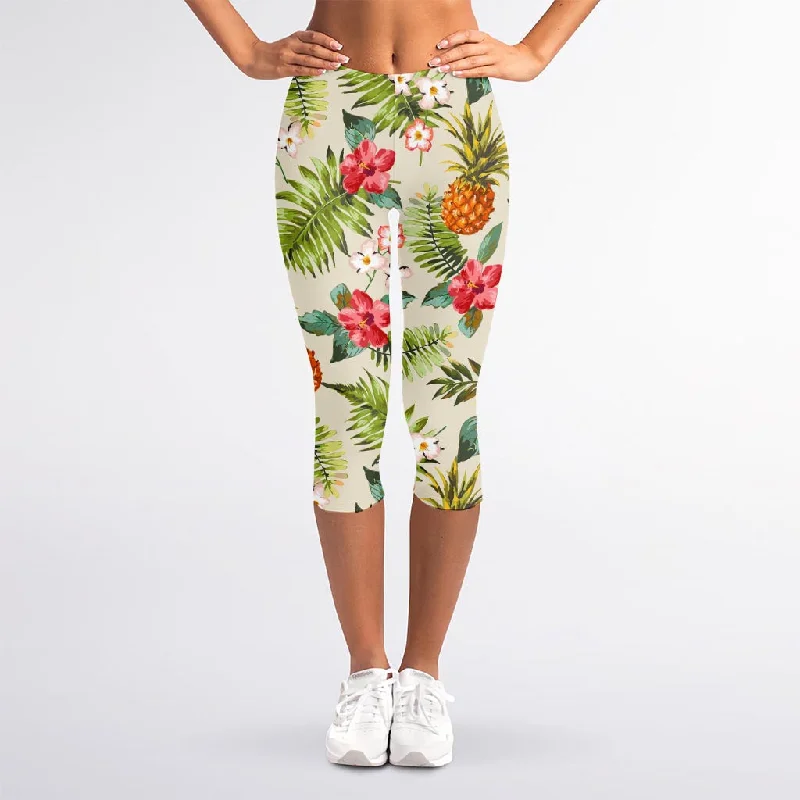 Special Savings White Aloha Pineapple Pattern Print Women's Capri Leggings